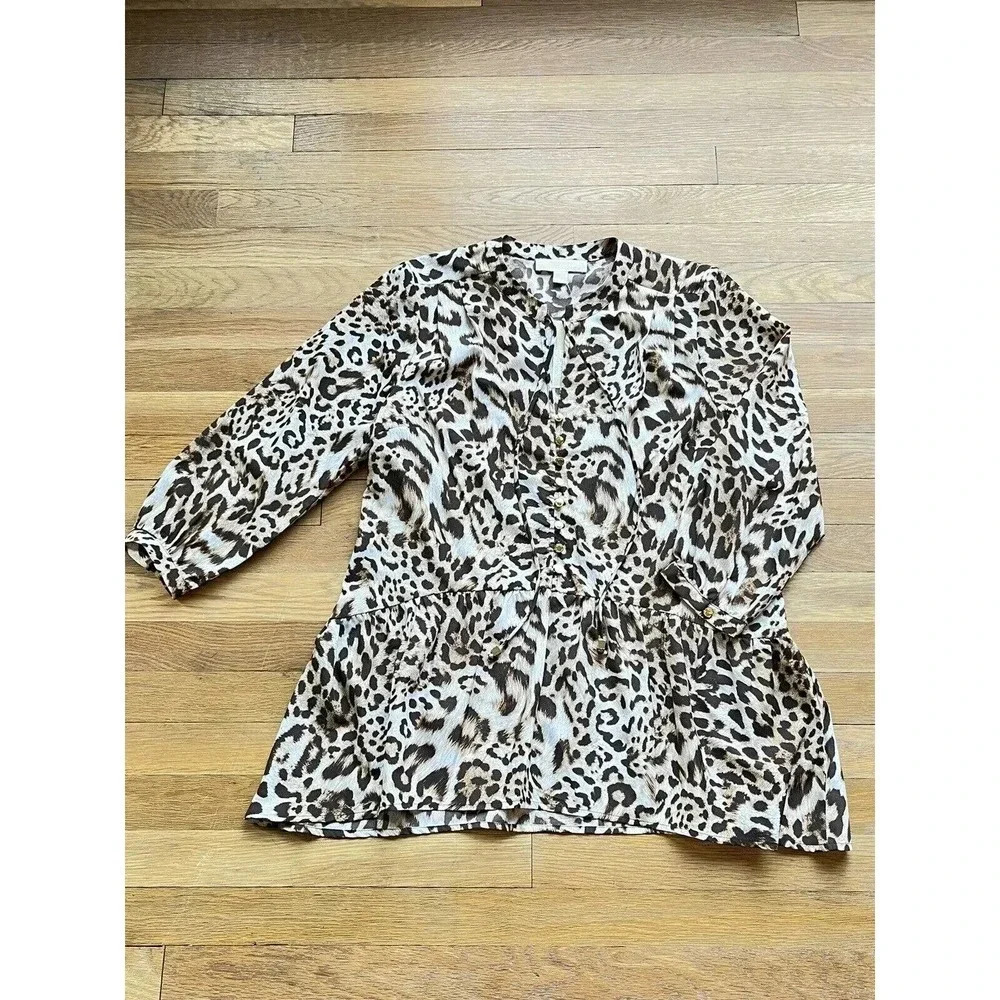 Michael Kors Womens Blouse Brown Size 8 Leopard Print Peplum MSRP $150